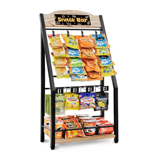 Pinzoveco Chip Rack Display Stand, 4 Tiers 20 Clips Snack Organizer, 4 Hanger Strips Hooks Snack Candy Countertop Organizer Snack Holder, Portable Retail Display Shelf for Store, Kitchen, Party