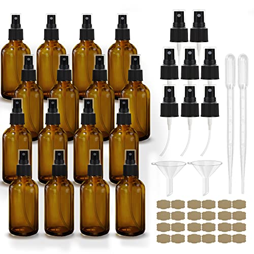 GIVAMEIHF Amber Spray Bottles about 4oz Empty Small Glass Spray Bottle Fine Mist Spray Refillable Containers, Set of 16, Included 24 nozzles, 2 Funnels, 2 Droppers, 24 Labels - color: 4OZ-16 Pcs
