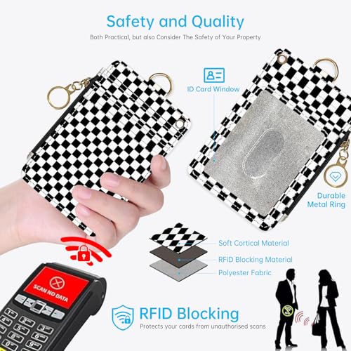 2-in-1 ID Badge Holder & Lanyard Wallet， Cute Zippered Pouch Checkered - color: Black and White Checkered