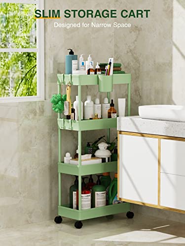 LEHOM Slim Rolling Storage Cart - 4 Tiers Bathroom Organizer Utility Cart - color: Light Bean Green