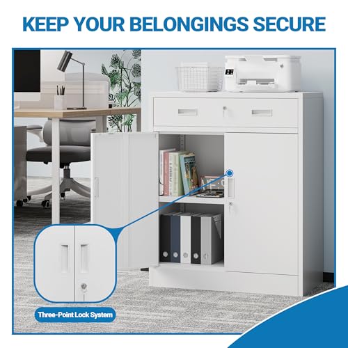 Metal Storage Cabinet, 36" Locking Cabinet with 1 Drawer & Shelves - color: White, size: 36"H×28"W×16"D-1Drawer