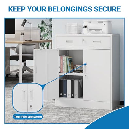 Metal Storage Cabinet, 36" Locking Cabinet with 1 Drawer & Shelves - color: White, size: 36"H×28"W×16"D-1Drawer