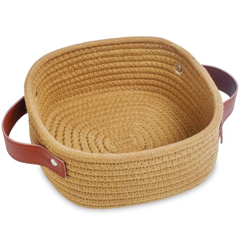 ABenkle Small Storage Basket, Mini Baskets, Cute Rope Woven Baskets for Organizing, Square Shelf Storage with Handle, Boho Decorative Toy Bin for Nursery, Spa, Empty Gift Basket - XS, Brown - color: Brown