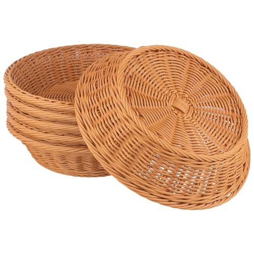 MANCHAP 6 PCS Wicker Bread Basket Round, Plastic Rattan Woven Fruit Serving Basket for Home, Restaurant, Store, 11.4 x 3.1 inch, Brown