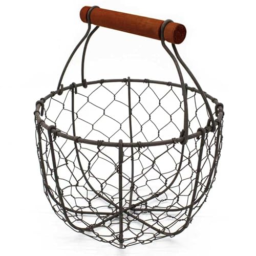 CVHOMEDECO. Round Chicken Wire Egg Basket Fruit Basket with Wooden Handle Primitives Vintage Gathering Basket. Rusty - color: Round with Wooden Handle