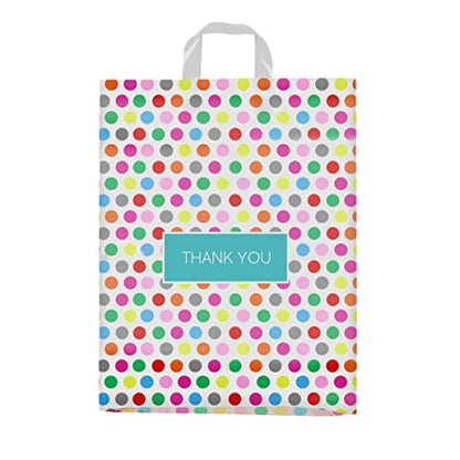 Purple Q Crafts Printed Polka Dot Thank You Bag. 50 PACK 15"x18". Frosted Soft Loop Shopping Bag with Gusset for Merchandise, Boutiques (15"x18") - size: Large 15"x18"