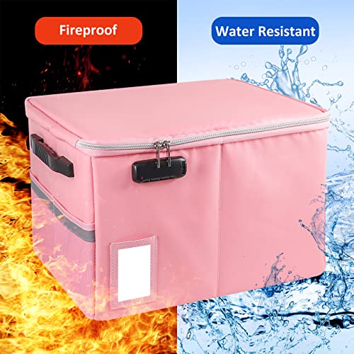 TOMKID Fireproof File Cabinet with Lock, Fireproof Document Organizer Collapsible File Box Filing Cabinet with Handle for Letter Legal Folder Certifications - color: Pink