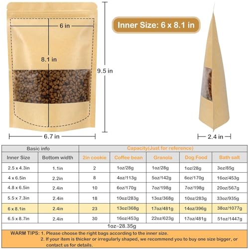 50 Pack Kraft Resealable Bags with Window for Storage (6 x 8.1 Inches) - size: 6 x 8.1 Inches