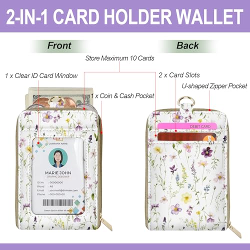 Floral ID Badge Holder & Lanyard Wallet, Cute RFID Women ID Badge Wallet for Women, Credit Card Holders with Zipper Pocket Keychain Phone Lanyard Wrist Strap for Teacher Nurse Gifts - color: White Flowers Leaves