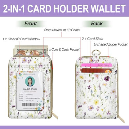 Floral ID Badge Holder & Lanyard Wallet, Cute RFID Women ID Badge Wallet for Women, Credit Card Holders with Zipper Pocket Keychain Phone Lanyard Wrist Strap for Teacher Nurse Gifts - color: White Flowers Leaves