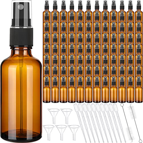Nuogo 100 Pcs 2 Oz Glass Spray Bottles, Fine Mist Spray Bottle Refillable Cosmetic Bottles Empty Small Bottle with 10 Droppers, 5 Funnels, 2 Brushes for Essential Oil Cleaning Solutions(Brown) - color: Brown