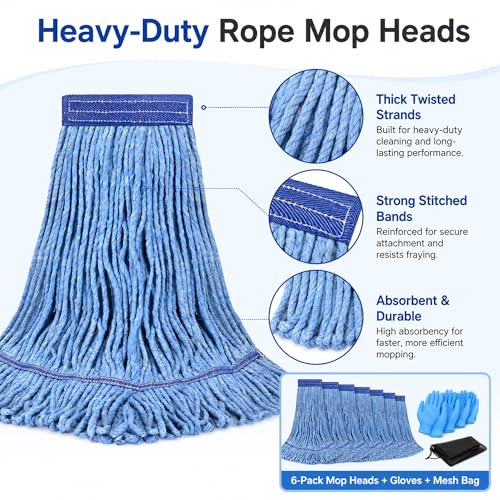 6 Pack Commercial Mop Heads with Mesh Laundry Bag & 16 Disposable Gloves - size: 6 Pack