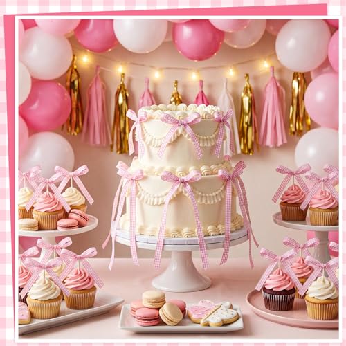 30 Pack Bow Cake Toppers Pink Gingham Ribbon Bows for Cake - color: Pink Gingham