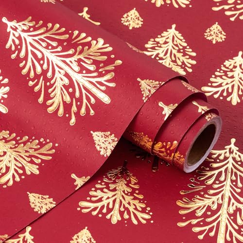 WRAPAHOLIC 3D Kraft Christmas Wrapping Paper Roll - Mini Roll - 17 Inch x 16.5 Feet - Gold and Red Christmas Tree Wrapping Paper with Embossed Perfect for Holiday, Party Celebration - color: Christmas Tree - Red & Gold, size: 17 inch x 16.5 feet