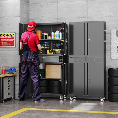 71-Inch Garage Storage Cabinet with 2 Drawers, Wheels and Pegboard - color: Black, size: 16"D x 30"W x 71"H