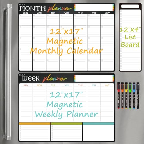 Magnetic Dry Erase Monthly Calendar Set - 17"x12" Monthly and Weekly Calendar, 4"x12" List Board for Fridge - 6 Extra Fine Point Markers Included - Shipped Flat - style: Month+Week+List-a