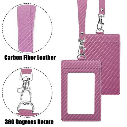 Carbon Fiber Work ID Card Holder with Lanyard,Pink - color: Pink