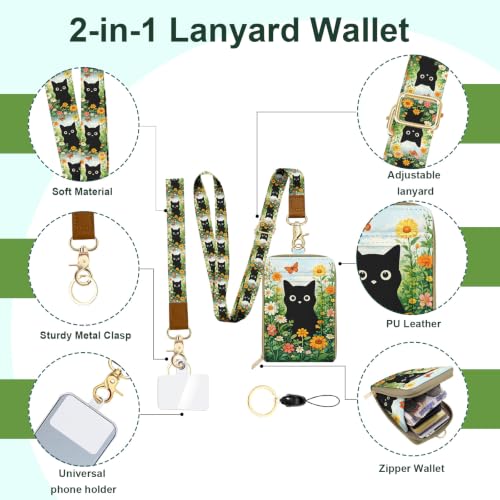 Black Cat Lanyard Wallet with ID Badge Holder PU Leathe RFID Small Keychain Wallet Women Wristlet Lanyard Wrist Strap, RFID Blocking for Office School Business Security Staff Women - color: Black Cat Flowers