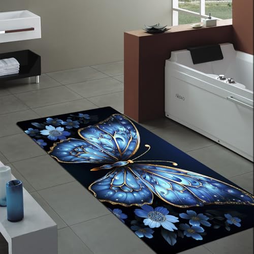 Bathroom Anti-Slip Bath Mat Blue Butterfly Art Mat 71x24 inches - color: Butterfly, size: 2' x 5'11" (Rectangular)