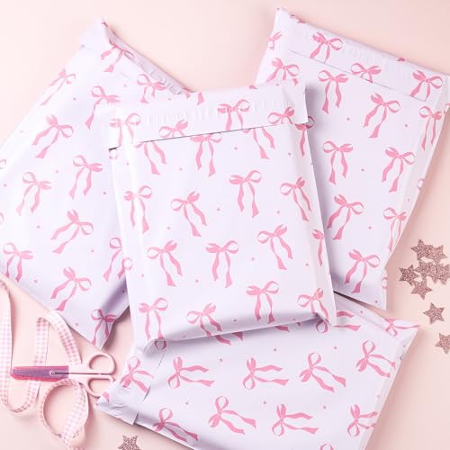 RUSPEPA 100 Pcs Pink Bow Poly Mailer, Coquette Bowknot Waterproof Shipping Mailers, Heavy Duty Self Adhesive Shipping Bags for Large Mailing Envelopes Bulk Tear Resistant Packaging, 10 x 13 Inches - color: Pink Bow, size: 10 x 13 Inches