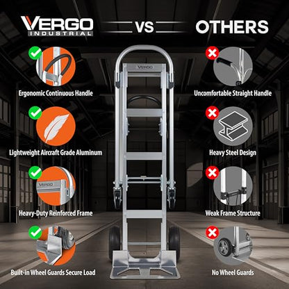 Vergo Industrial Convertible Hand Truck - AS7B Heavy Duty Aluminum 2 in 1 Dolly (800 lb Capacity) Lightweight Reinforced Frame, Ergonomic Handle, Superior Mobility Moving Dolly (2 Positions, 63" High) - size: 2 Positions, 63" High
