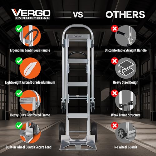 Vergo Industrial Convertible Hand Truck - AS7B Heavy Duty Aluminum 2 in 1 Dolly (800 lb Capacity) Lightweight Reinforced Frame, Ergonomic Handle, Superior Mobility Moving Dolly (2 Positions, 63" High) - size: 2 Positions, 63" High