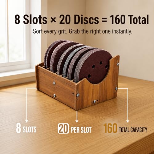 Sandpaper Organizer 5" Inch Sanding Discs, 8-Slot Sanding Disc Storage Holder with Grit Labels, Upgraded Thickened Wooden Sandpaper Storage Rack for Sander Pads, Woodworking Tools, Excluding Sandpaper - style: 5 Inch