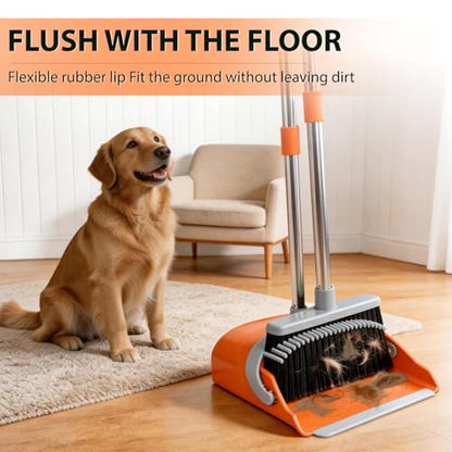 YZO Broom with Dustpan Combo Set, 54.33 Inch Long Handle Standing Design, Dustpan Front Rubber Tight Seal, Broom with 5 Layer Bristles, Suitable for Living Room, Yard, Office and Apartment (Orange) - color: Orange