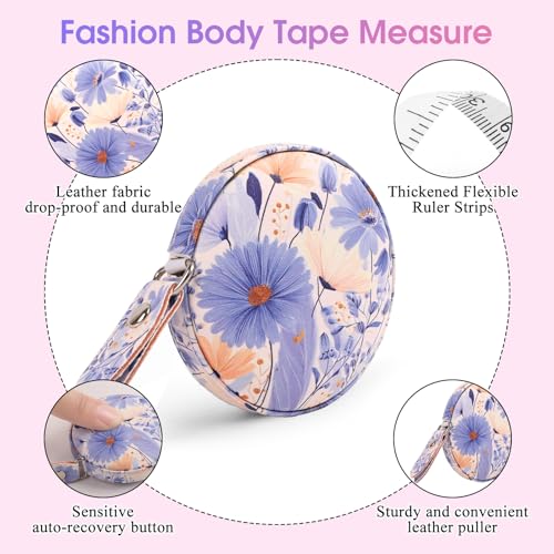 Retractable Mini Leather Tape Measure, Auto Retract Purple Flowers - color: Purple Flowers