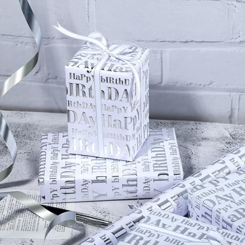 WRAPAHOLIC 3D Kraft Birthday Wrapping Paper Roll - Mini Roll - 17 Inch x 16.5 Feet - Silver and White Happy Birthday Lettering Design with Embossed Perfect for Holiday, Party Celebration - color: White & Silver Happy Birthday, size: 17 inch x 16.5 feet