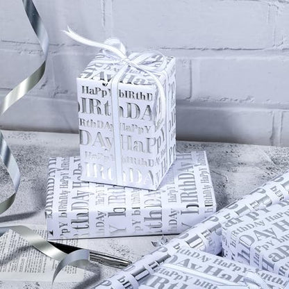 WRAPAHOLIC 3D Kraft Birthday Wrapping Paper Roll - Mini Roll - 17 Inch x 16.5 Feet - Silver and White Happy Birthday Lettering Design with Embossed Perfect for Holiday, Party Celebration - color: White & Silver Happy Birthday, size: 17 inch x 16.5 feet