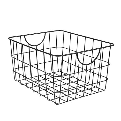 Spectrum Large Wire Basket with Handle Black Metal Utility Storage Bin for Organizing Kitchen Pantry Cabinets Closet and Garage Shelves, Steel Metal Basket Storage Organizer Bin with Handle - color: Black, size: Medium