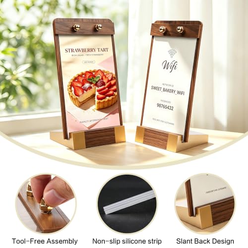 3 Pack 4x6 Acrylic Sign Holder Table Top Sign Holder with Wood-Color Base - size: 4 x 6