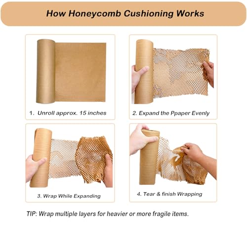Honeycomb Packing Paper 15" x 400' for Moving Glass Dishes Recyclable Wrapping Paper Bubble Wrap Packing Material for Shipping Fragile Items with 20 Fragile Stickers - size: 15" x 400 Ft