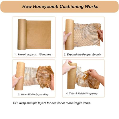 Honeycomb Packing Paper 15" x 400' for Moving Glass Dishes Recyclable Wrapping Paper Bubble Wrap Packing Material for Shipping Fragile Items with 20 Fragile Stickers - size: 15" x 400 Ft