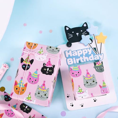 WRAPAHOLIC Kitty Cat Wrapping Paper Roll - Mini Roll - 17 Inch x 33 Feet - Pink Adorable Birthday Kitty Design, Perfect for Kids Girls Birthday, Baby Shower, Cat Lover - color: Birthday - Pink Cat