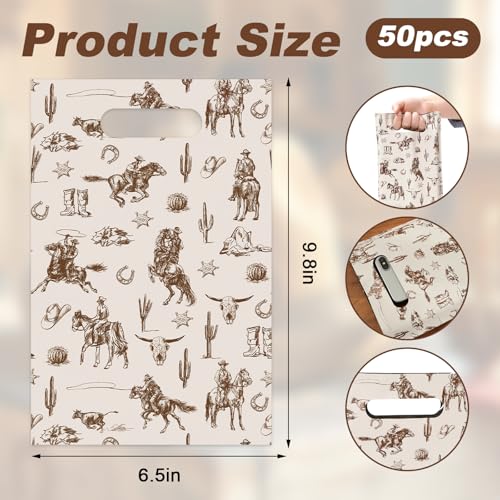 JarThenaAMCS 50Pcs Western Cowboy Goodie Bags Plastic Gift Bags Brown Wild West Rodeo Cactus Patterned Treat Candy Snack Bag for Birthday Baby Shower Party Favor Supplies