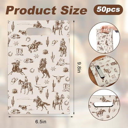JarThenaAMCS 50Pcs Western Cowboy Goodie Bags Plastic Gift Bags Brown Wild West Rodeo Cactus Patterned Treat Candy Snack Bag for Birthday Baby Shower Party Favor Supplies
