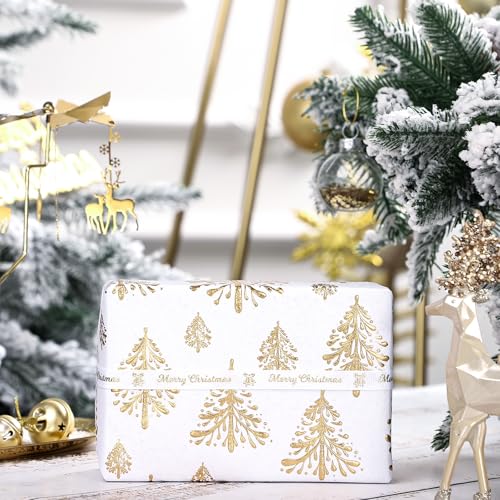 WRAPAHOLIC 30 Inch 3D Kraft Christmas Wrapping Paper - 30 Inch x 16.5 Feet - Gold and White Christmas Tree Wrapping Paper with Embossed Perfect for Holiday, Party Celebration - color: Christmas Tree - White & Gold, size: 30 inch x 16.5 feet
