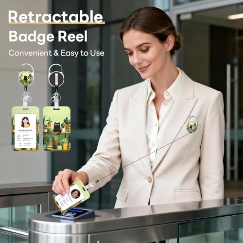 Retractable Badge Holder with Detachable Lanyard, Cat and Plant - color: Cat and Plant