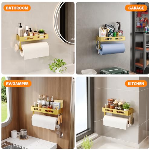 Paper Towel Holder Wall Mount for Kitchen, Paper Towel Holder with Shelf for Bathroom, RV Paper Towel Rack with 2 Hooks, Gold - color: Gold