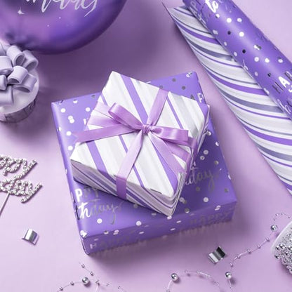 LeZakaa Purple Birthday Wrapping Paper Roll for Girls Women, Happy Birthday Lettering & Stripe Reversible, Metallic Foil, Large Roll, 30 inches x 32.8 Feet (92.9 sq.ft.) - color: Birthday - Purple, size: 30" X 32.8 ft