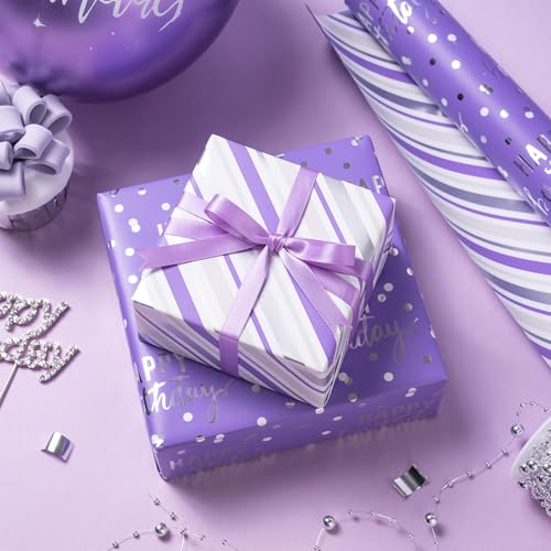 LeZakaa Reversible Purple Birthday Wrapping Paper Roll for Girls Women, Happy Birthday Lettering & Stripe Pattern with Metallic Foil in Purple, Mini Roll, 17 inches x 32.8 Feet (46.45 sq.ft.) - color: Birthday - Purple, size: 17" X 32.8 ft