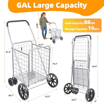 Folding Shopping Cart with Large Front Wheels, Grocery Cart with Waterproof Liner, 360° Swivel Dual Rear Wheels, Heavy Duty Collapsible Utility Wagon, Perfect for Groceries Laundry Luggage Travel - size: Large+Single Basket