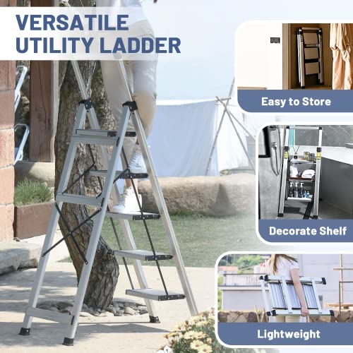 XinSunho 5 Step Ladder, Aluminum Folding Stool with Retractable Handgrip - size: 5 step