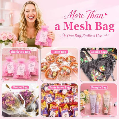 ANZNKU 100PCS Organza Bags 6x9, Pink Small Mesh Gift Bags Drawstring Bulk - color: Pink