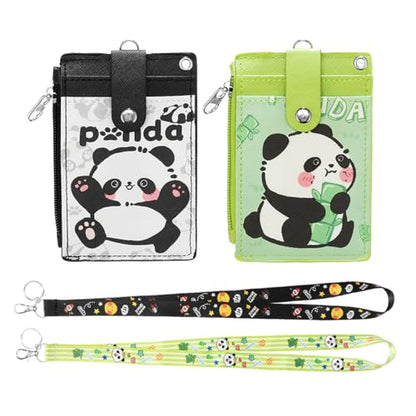 Cute ID Badge Holder with Fabric Lanyard, PU Leather Wallet & Key Ring - color: 2 Pack-ppanda