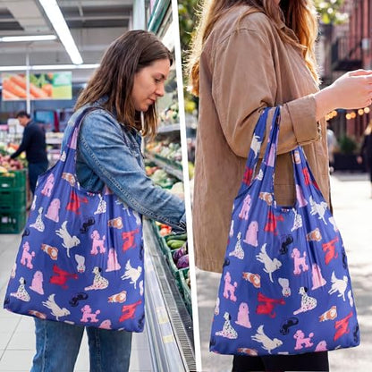 Stelle Lightweight Reusable Grocery Bag with Handles Ripstop Nylon Foldable Tote Shopping Bags for Travel and Groceries - color: Puppy Parade|blue