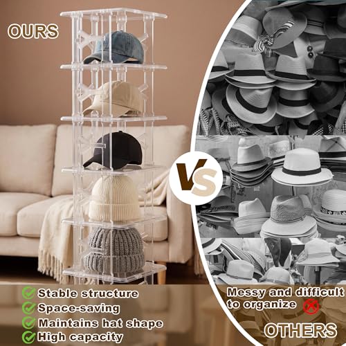 6 Tier Hat Organizer Box (Up to 18 Hats), Stackable Clear Hat Rack Display