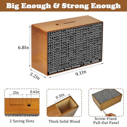 Wooden Money Saving Box with Tracker,Cash Saving Challenge Box with Money Target,Cion Cash Vault for Adults Kids, Piggy Bank for Boys and Girls (Light Brown)